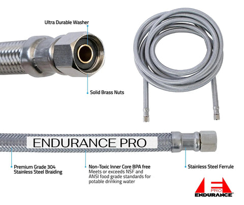 Fifteen Foot Universal Ice Maker Water Supply Hose with 1/4 Inch Compression Fittings, flexible braided stainless steel line detail