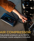 Portable Car Jump Starter With 600 Amp Peak, 130 Psi Tire Inflation, 59.9Wh USB Power Bank displayed inflating a tire