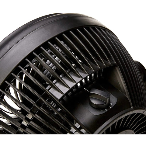 Close-up of the Compact Air Circulator Desk Fan, showing control dial, 90 degree tilt head, and grill design for home or office use.