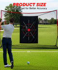Man using 10x7Ft Golf Net With Turf Mat And Noise Free Target For Backyard, Garage, And Terrace Your All In One Practice Net