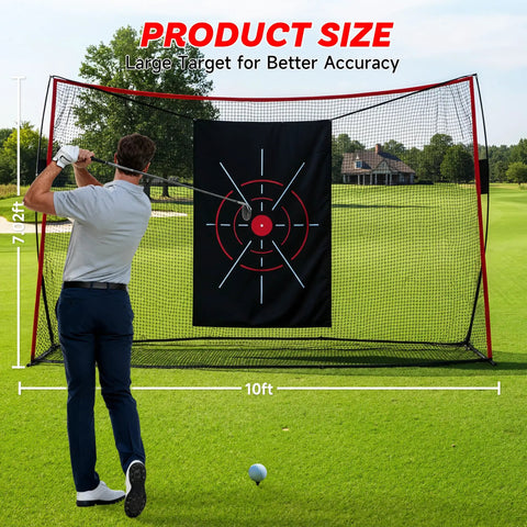 Man using 10x7Ft Golf Net With Turf Mat And Noise Free Target For Backyard, Garage, And Terrace Your All In One Practice Net