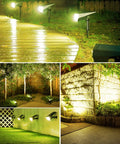 Solar Spot Lights Outdoor 4 Pack, 700 Lumen IP67 Waterproof Landscape Uplights lighting paths, trees, and patio walls at night.