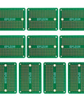 Pack of ten green solderable mini breadboard PCB boards, gold plated, 2.0x1.5 inches for DIY electronics projects, prototyping.