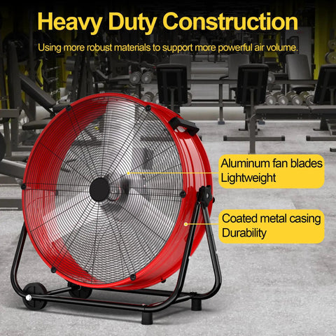 Heavy Duty Industrial Drum Fan 24 Inch High Velocity Floor Fan With 360 Degree Tilt, 3 Speeds, 320W, All Metal Construction