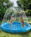 Two dogs playing in the Ultimate Outdoor Dog Splash Pad For Summer Fun 59 Inch Anti Slip Sprinkler Pool Water Play Mat
