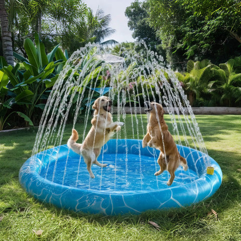 Two dogs playing in the Ultimate Outdoor Dog Splash Pad For Summer Fun 59 Inch Anti Slip Sprinkler Pool Water Play Mat