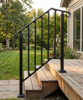 Rock Solid Two Tier Handrail For Patio Stairs And Deck Entries Matte Black Galvanized Steel Railing System on wooden stairs.