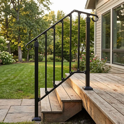 Rock Solid Two Tier Handrail For Patio Stairs And Deck Entries Matte Black Galvanized Steel Railing System on wooden stairs.