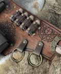 Slick Embossed Faux Leather Medieval Alchemy Waist Belt Set With Secure Wizard Potion Vial Holders, showcasing glass vials and sturdy pouches.