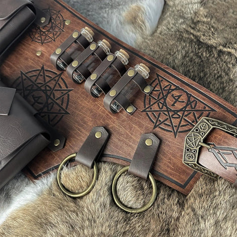 Slick Embossed Faux Leather Medieval Alchemy Waist Belt Set With Secure Wizard Potion Vial Holders, showcasing glass vials and sturdy pouches.
