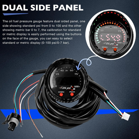 Front view of a 52mm dual-side oil/fuel pressure gauge with black bezel, digital display and wiring harness; close-up.