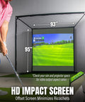 Golfer practicing with Range Cage Elite Golf Hitting Net 8 x 8 Ft Pro Grade Simulator Enclosure and 95 x 93 Inch HD Impact Screen