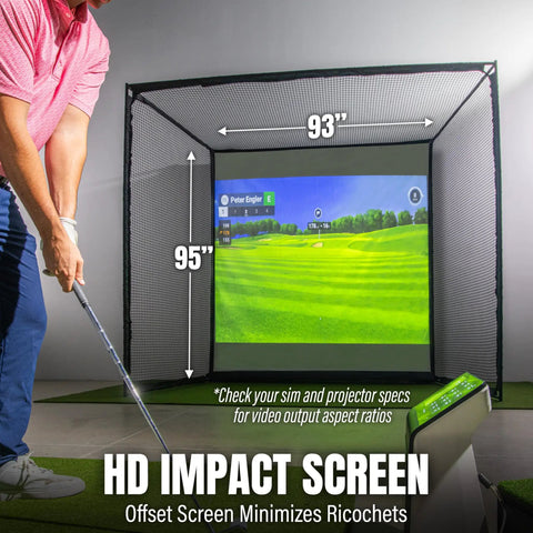 Golfer practicing with Range Cage Elite Golf Hitting Net 8 x 8 Ft Pro Grade Simulator Enclosure and 95 x 93 Inch HD Impact Screen