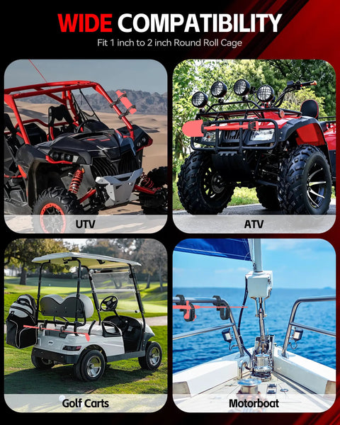 Adjustable 2 Pack Utv Gun Rack With Slick Protective Foam Mount For 1 To 2 Inch Roll Cage showcased on UTV, ATV, Golf Cart, and Motorboat.