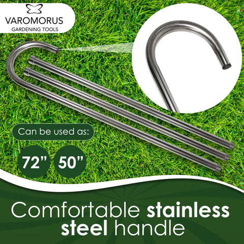 Stainless steel handle for 30 Inch Lawn Level Rake, shown on grass with 72 inch and 50 inch options highlighted