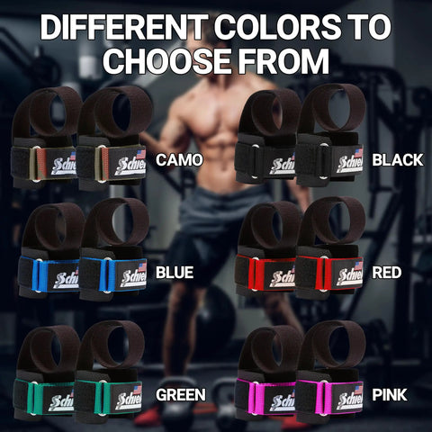 Various colors of heavy duty powerlifting wrist straps featuring neoprene comfort and nylon strap for maximum grip with label.