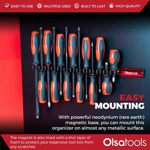 Magnetic Screwdriver Organizer With Ultra Strong Neodymium Magnets And Foam Backing Doubles As Toolbox Space Saver Holds Up To 16 Screwdrivers Red Tool Holder For Steel Surfaces Heavy Duty Rack with screwdrivers mounted