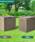 Comparison of the old and new 32 Gallon Rattan Deck Box With Lockable Lid And Side Handles in a garden setting