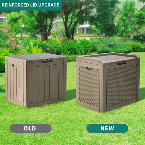 Comparison of the old and new 32 Gallon Rattan Deck Box With Lockable Lid And Side Handles in a garden setting