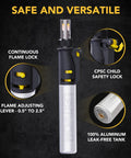 Butane Soldering Iron Multi Purpose Kit Cordless Self Igniting Adjustable Flame 7 Tip Set Pro Grade 125 Watt Equivalent 13 Piece Accessory Bundle showcasing flame lock and safety features.
