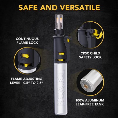 Butane Soldering Iron Multi Purpose Kit Cordless Self Igniting Adjustable Flame 7 Tip Set Pro Grade 125 Watt Equivalent 13 Piece Accessory Bundle showcasing flame lock and safety features.