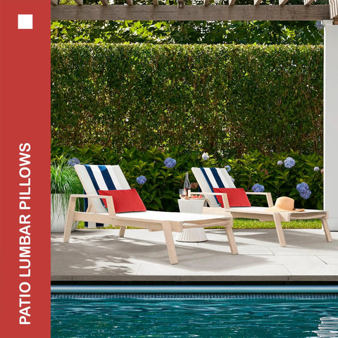 Indoor Outdoor Lumbar Pillows Set Of 2 For Patio Furniture All Season Waterproof Cushions 12 By 20 Inches Red Polyester Stain Resistant And Colorfast Perfect For Indoor Or Outdoor Use placed on patio loungers by poolside