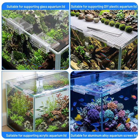 Lock Down 8 Pack Clear Acrylic Aquarium Lid Clips Rock Steady Fish Tank Cover Holders Heavy Duty Support Clamps For Rimless Glass Tanks Easy Setup And Top Shelf Gear shown with various aquarium setups.