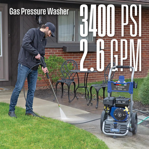 Powerful Gas Pressure Washer 3400 PSI, 2.6 GPM in use on a driveway with a spray gun and wand, home exterior in background