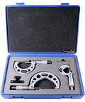 Three Piece Ultra Precision Outside Micrometers Set 0 To 3 Inches With 0.0001 Inch Vernier Graduations M Type Carbide Tips in blue case