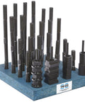 38 Piece T Nut And Stud Kit For 1/2-13 Studs And 5/8 Inch Table T Slot Includes 4 Coupling Nuts 4 Flange Nuts 4 T Slot Nuts 1 T Slot Cleaner 24 Studs And Holder For Workholding In Your Shop on blue base