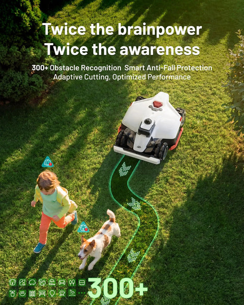 LUBA 3 AWD 5000 Robot Lawn Mower operating on lawn with child and dog near, showcasing precision obstacles avoidance.