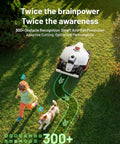 LUBA 3 AWD 5000 Boss Robotic Lawn Mower Ultimate Kit operating autonomously on a lawn with child and dog nearby.
