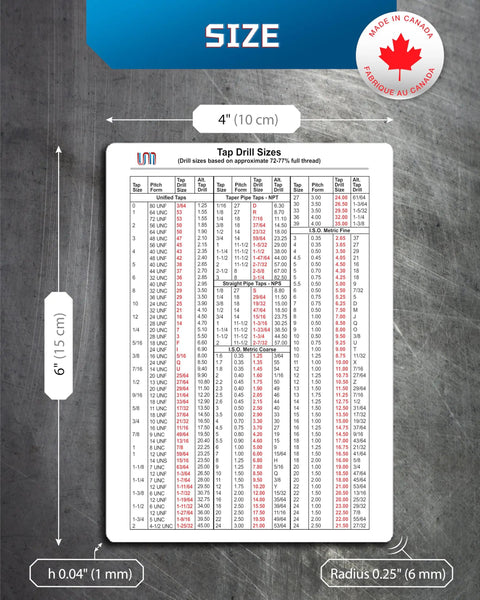 Dead On Inch And Metric Tap Drill Size Guide With A Slick Waterproof Magnetic Chart showing inch and metric sizes for CNC machines and drill presses.