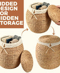 Wicker Storage Basket With Lid For Living Room Large Blanket Organizer Handwoven Water Hyacinth With Removable Cotton Liner