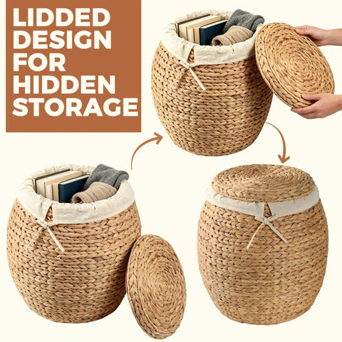 Wicker Storage Basket With Lid For Living Room Large Blanket Organizer Handwoven Water Hyacinth With Removable Cotton Liner