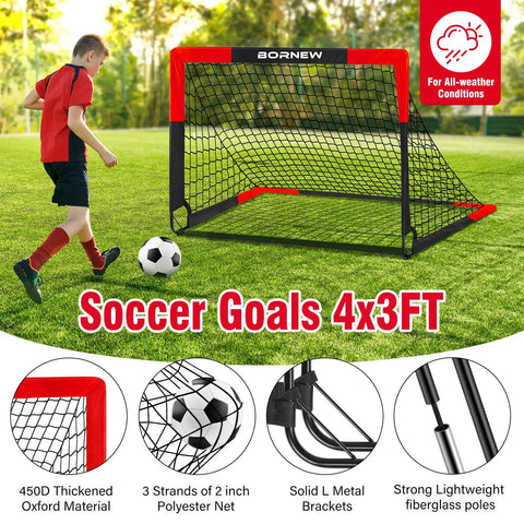 Child playing with 2 Pack 4 By 3 Foot Pop Up Soccer Goals For Backyard And Indoor Play Kids Youth And Adult Training Equipment Portable Nets With Ground Nails And Carry Bag Gift For Ages 3 To 16 in a park with soccer ball