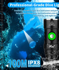 Underwater Dive Light Rechargeable Waterproof Flashlight With Battery Level Indicator in cave, IPX8 waterproof rating shown