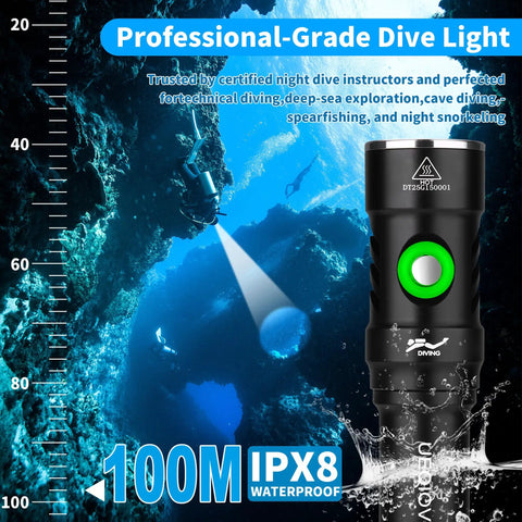 Underwater Dive Light Rechargeable Waterproof Flashlight With Battery Level Indicator in cave, IPX8 waterproof rating shown