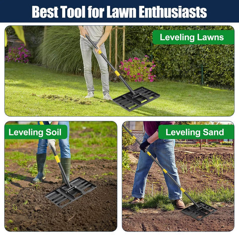 Lawn Leveling Rake With 17x10 Inch Heavy Duty Stainless Steel Head And 72 Inch Adjustable Handle leveling lawns and soil.