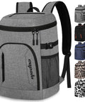 Gray insulated cooler backpack for 30 cans, soft cooler bag for camping, travel, hiking, leak proof design, various colors shown
