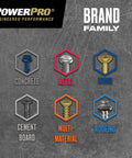 PowerPro brand family image showing various screw types: Concrete, Metal, Wood, Cement Board, Multi-Material, Roofing.