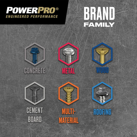 PowerPro brand family image showing various screw types: Concrete, Metal, Wood, Cement Board, Multi-Material, Roofing.