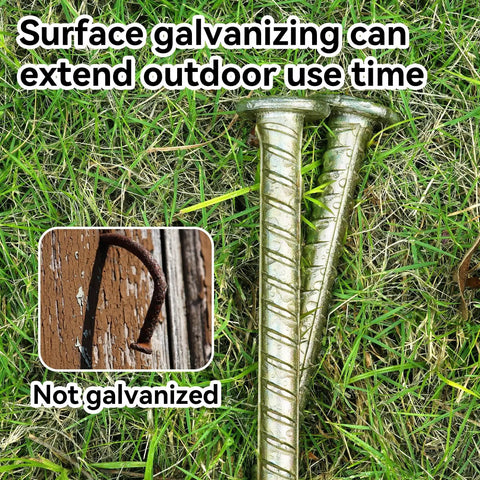 Beefy Heavy Duty 30 Inch Rebar Stakes 9 Sixteenth Inch Diameter Galvanized Steel Ground Anchors on grass, comparison with non-galvanized metal