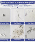 Drywall Repair Kit With Spackle And Patches, image showing examples of wall screw holes, cracks, stains, peeling, mold, and dents.