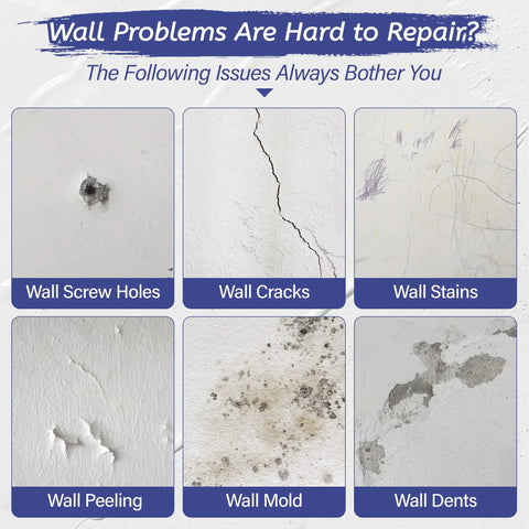 Drywall Repair Kit With Spackle And Patches, image showing examples of wall screw holes, cracks, stains, peeling, mold, and dents.