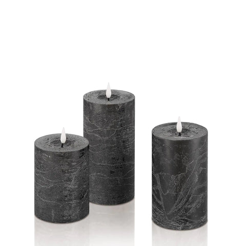 Real Wax Black Flameless Pillar Candles Set Of 3 With Remote Timer Battery Operated LED Candles 3 Inch Diameter Realistic Flickering Flame For Cozy Farmhouse Decor