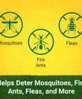 NatureShield Insect And Pest Repellent For Yard And Outdoor Spaces infographic showing mosquitoes, fire ants, and fleas.