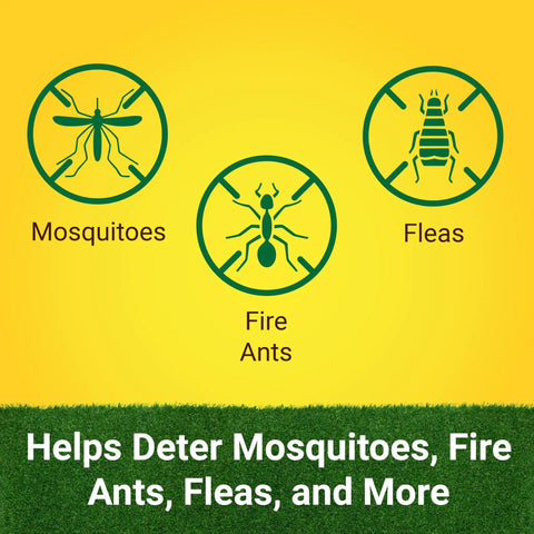 NatureShield Insect And Pest Repellent For Yard And Outdoor Spaces infographic showing mosquitoes, fire ants, and fleas.