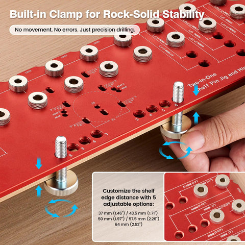 Top Rated 2 In 1 Shelf Pin Jig And Hinge Jig With 13 Alignment Holes For 1/4 Inch And 5mm Cabinet Hardware Drill Guide with built-in clamp.