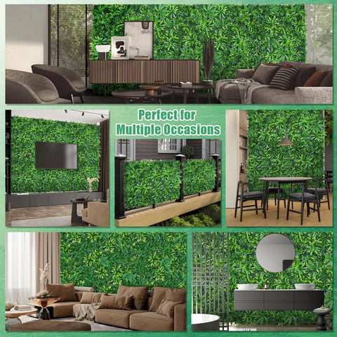 Collage of 12 Pack 20x20 Grass Wall Panels Set For Indoor Outdoor Decor UV Protected Artificial Hedge Backdrop in various settings